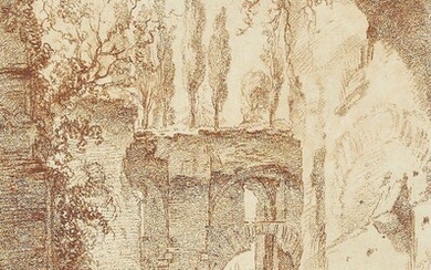 Attributed to Jean-Simon Berthélemy, French 1743-1811- The Temple of Sibyl, Tivoli, seen through an Arch from the Villa Maecenas, 1774; red chalk on paper, 52.4 x 38.4 cm. Provenance: Curwen Eliot Hodgkin (1905-1987) and Maria (Mimi) Clara...