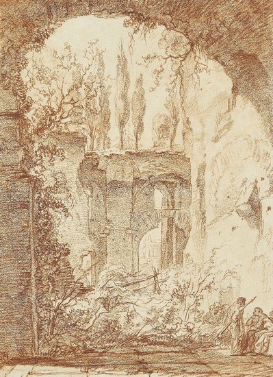 Attributed to Jean-Simon Berthélemy, French 1743-1811- The Temple of Sibyl, Tivoli, seen through an Arch from the Villa Maecenas, 1774; red chalk on paper, 52.4 x 38.4 cm. Provenance: Curwen Eliot Hodgkin (1905-1987) and Maria (Mimi) Clara...