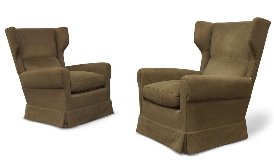 Attributed to Paolo Buffa (1903-1970), a pair of wingback lounge chairs, c.1950, green fabric, beech, each 96cm high, 76cm wide (2)