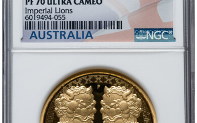 Australia: , Elizabeth II gold High Relief Proof "Double Pixiu - Imperial Lions" 200 Pounds (2 oz) 2020-P PR70 Ultra Cameo NGC,...