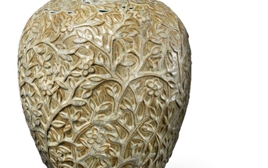 Axel Salto: Stoneware vase modelled with branches, leaves and flowers in relief. H. 30 cm.