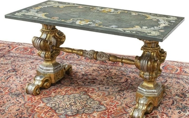 BAROQUE STYLE SILVER GILT FAUX STONE TOP TABLE