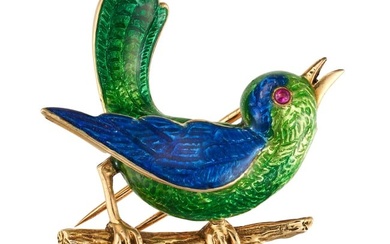 BOUCHERON, AN ENAMEL AND RUBY BIRD BROOCH in 18ct yellow gold, designed as a bird perched on a br...