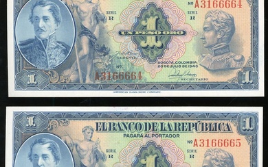 Banco de la Republica Colombia, a group of 3x, including consecutive 1 peso oro (2) and 5 pesos...