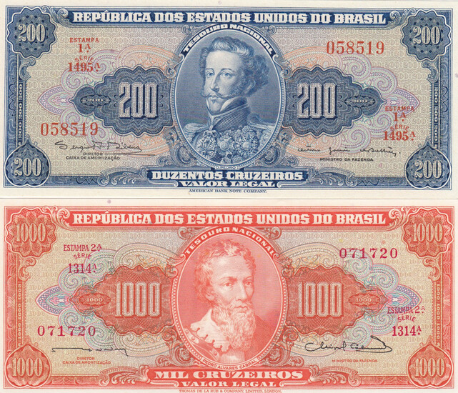 Beazil 200 Cruzeiros 1964 & 1000 Cruzeiros 1963 (2)