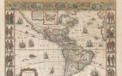 Blaeu's Stunning Carte-a-Figures Map of the Americas, "Americae Nova Tabula", Blaeu, Willem