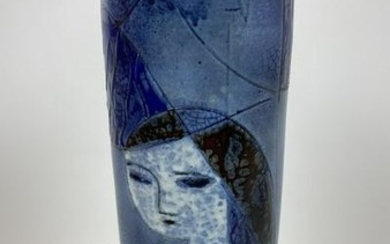 Blue Glazed Ceramic Column Table Lamp. Cylindrical Art