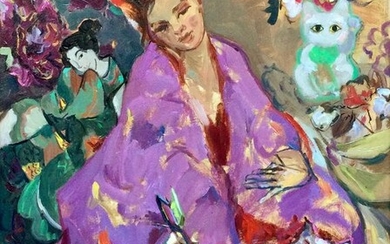 Borgen Lindhardt - Kimono meisje in lila met Lucky Cat en bloemen