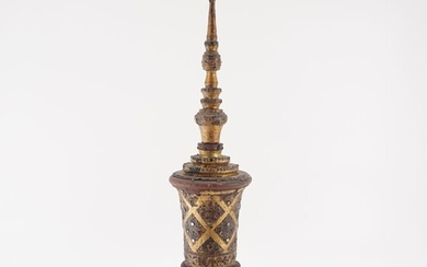 Box (1) - Goldplate, Teak - CHEDI WAT STUPA shape brass box - Thailand - Rattanakosin Kingdom (1782–1932)