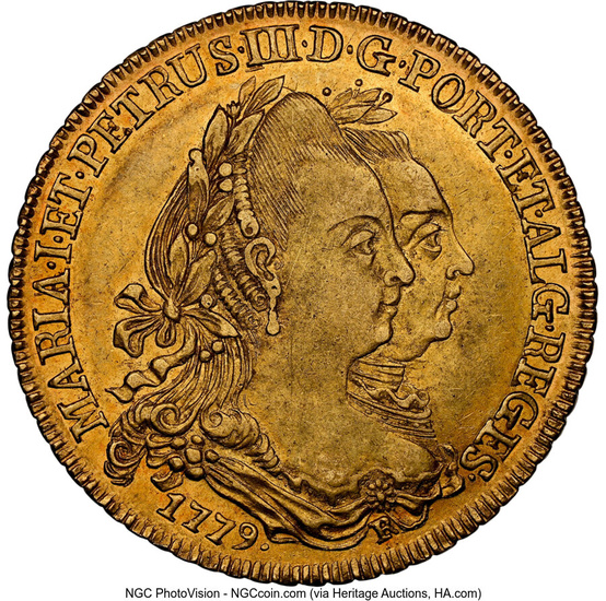 Brazil: , Maria I & Pedro III gold 6400 Reis 1779-R AU58 NGC,...