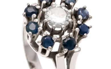 Brilliant sapphire ring WG 565/000 with a brilliant 0.67 ct W / SI and round faceted sapphires 2 mm in good color, ring size 56, 6.7 g