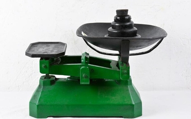 British Green Metal Balance Scale with Weights