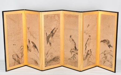 Byōbu 屏風 (folding screen) - Paper, Wood - Signed 'Kano Hōkkyō Toshinobu' 狩野法橋俊信 - Taka 鷹 (hawks) - Japan - 18th/19th century (Edo period)