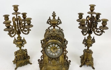 C Cellier Gilt Bronze Mantel Clock & Garniture