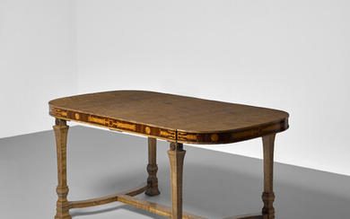 CARL MALMSTEN (1888-1972) Dining Table circa 1935for Svenska Moebel Fabrikerna, Swedish flame Birch, rosewood, marquetry, with three additional leavesheight 29 1/2in (75cm); length 64in (162cm); length extended 100in (254cm); depth 32 1/2in (83cm)