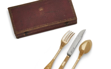 CHARLES-MAURICE DE TALLEYRAND-PERIGORD: A FRENCH GOLD KNIFE, FORK AND SPOON MARK OF MARTIN-GUILLAUME BIENNAIS, PARIS, 1819-1838