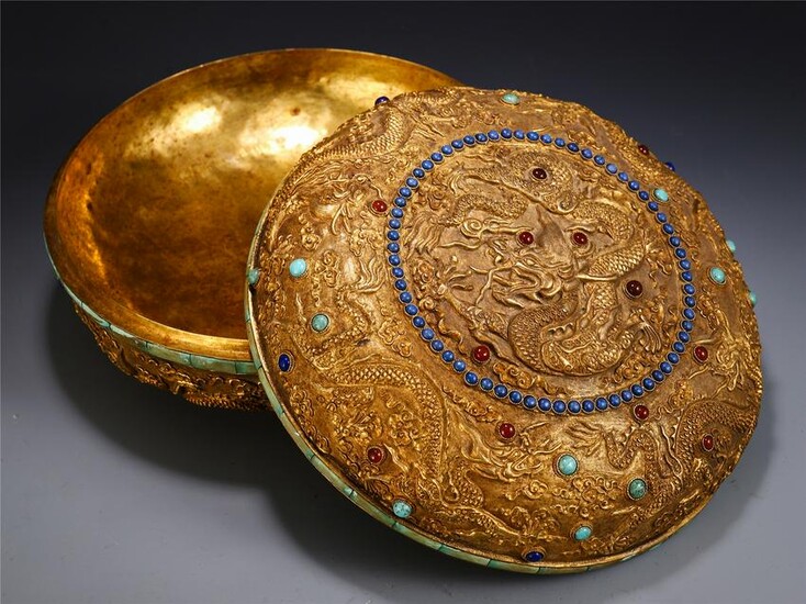 CHINESE GILT BRONZE CARVED DRAGON PATTERN LIDDED BOX
