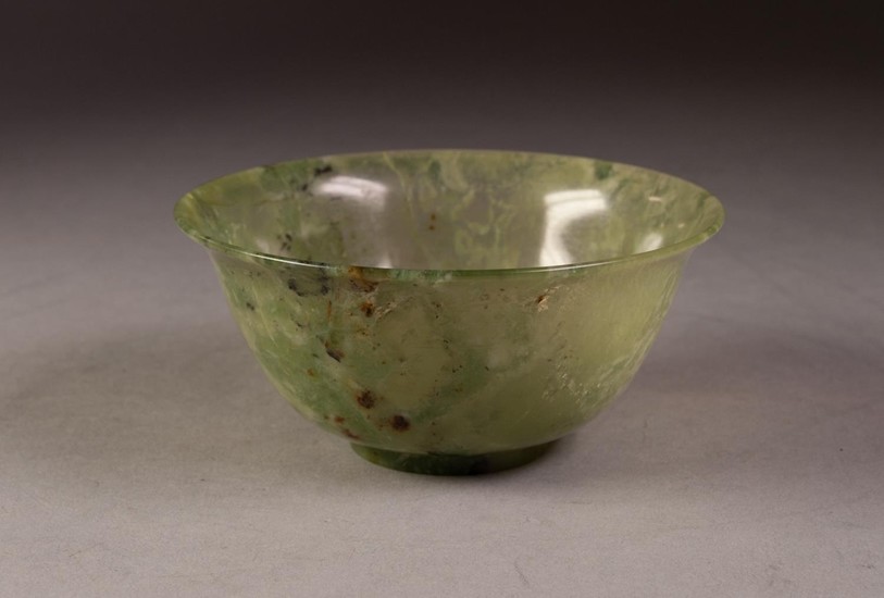 CHINESE QING DYNASTY MOTTLED GREEN JADE BOWL with everted ri...