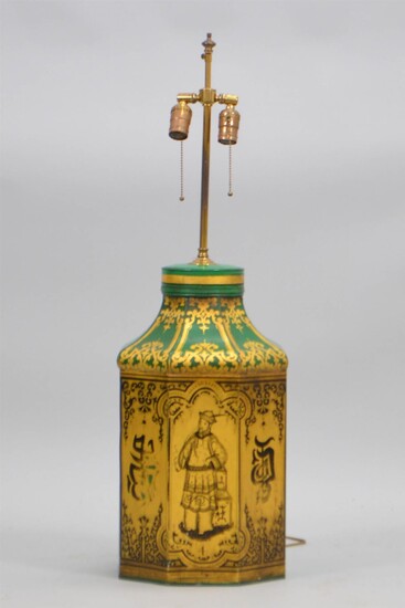 CHINESE STYLE GILT-DECORATED GREEN TOLE TEA CANISTER LAMP