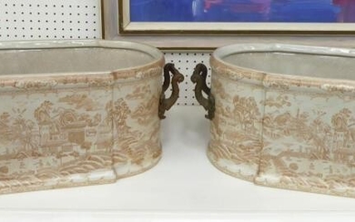 CHINESE STYLE JARDINIERES, a pair, twin handled ceramic decorated,...