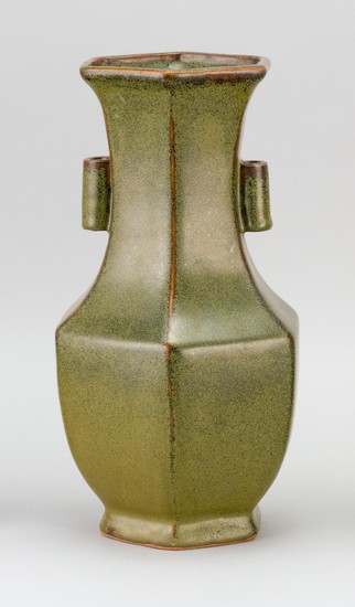 CHINESE TEADUST GLAZE PORCELAIN VASE In hexagonal form, with cylindrical handles. Height 12".