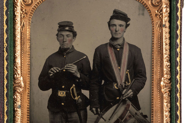 [CIVIL WAR]. Quarter plate tintype of a Civil War drummer and fifer, each wearing a Model 1840 musician's sword.