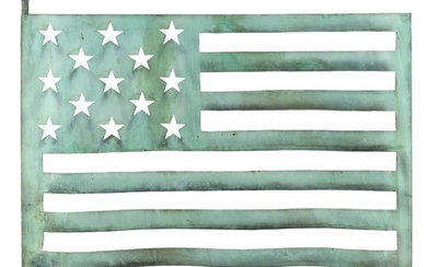 COPPER BANNERETTE WEATHER VANE In the form of a 13-star American flag. Green verdigris finish. Height 32". Length 35".