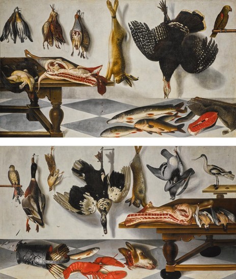 CORNELIS BILTIUS | A pair of trompe l'œil game larder still lifes: with a hare, partridge, snipe, turkey, pike, eel and fish, with a parrot; and with pigeons, a hare, calf's head, asparagus, lobster and trout, with a hawk and a plover