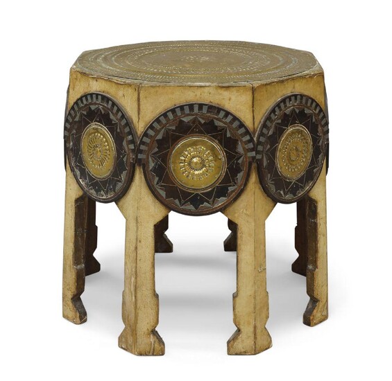 Carlo Bugatti (1856-1940), Octagonal side table, circa 1900, Hammered brass, vellum, ebonised wood, mahogany, pewter, copper, 40.5cm high, 39cm square