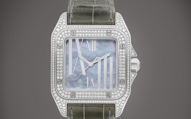 Cartier Santos 100, Reference 2881 | A white gold and diamond-set wristwatch with mother-of-pearl dial, Circa 2010 | 卡地亞 | Santos 100 型號2881 | 白金鑲鑽石腕錶，備珠母貝錶盤，約2010年製