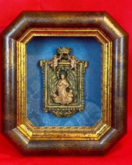 Cartouche in wax, madonna with putti inside the case - Glass, Wood