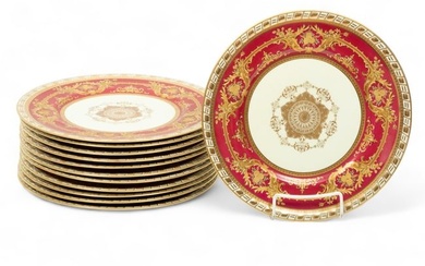 Charles Ahrenfeldt (French) Limoges Porcelain Dinner Plates, Fired Gold & Enamel Decorated, Ca.