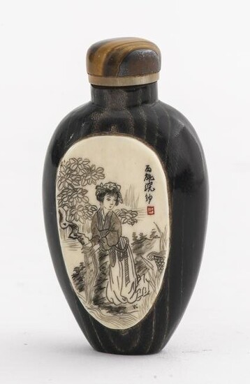 Chinese Bone & Horn Engraved Snuff Bottle