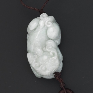 Chinese Carved Jade Mythical Beast with Lucky Coin Pendant on Cord