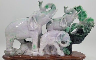 Chinese Carved Jade Statue of Elephants on Wood Stand, 40.4lb