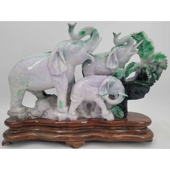 Chinese Carved Jade Statue of Elephants on Wood Stand, 40.4lb