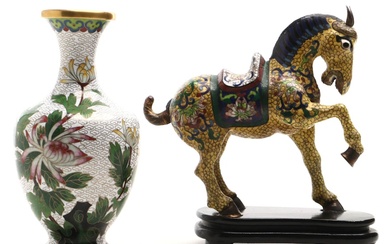 Chinese Cloisonné Horse Figure with Stand and Vase