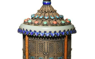 Chinese Silver Pagoda Box with Qing Dynasty Jades
