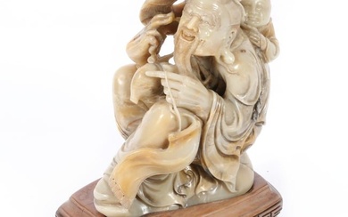 Chinese carved stone figural sculpture with wooden stand 7 1/4"Hx 6"W x 3 3/4"D