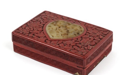 Chinese cinnabar lacquer box and cover with inset jade panel...