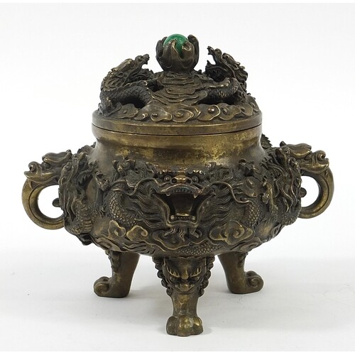 Chinese patinated bronze tripod incense burner with pierced ...
