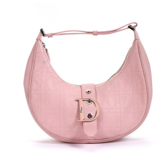 Christian Dior: A bag of pink leather, pink logo, silver coloured hardware, handle, one large zipped compartment and a zipped inner pocket.