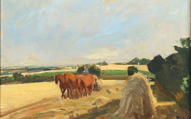 Christian Pedersen Bellinge, oil on canvas, harvest scene (cd)