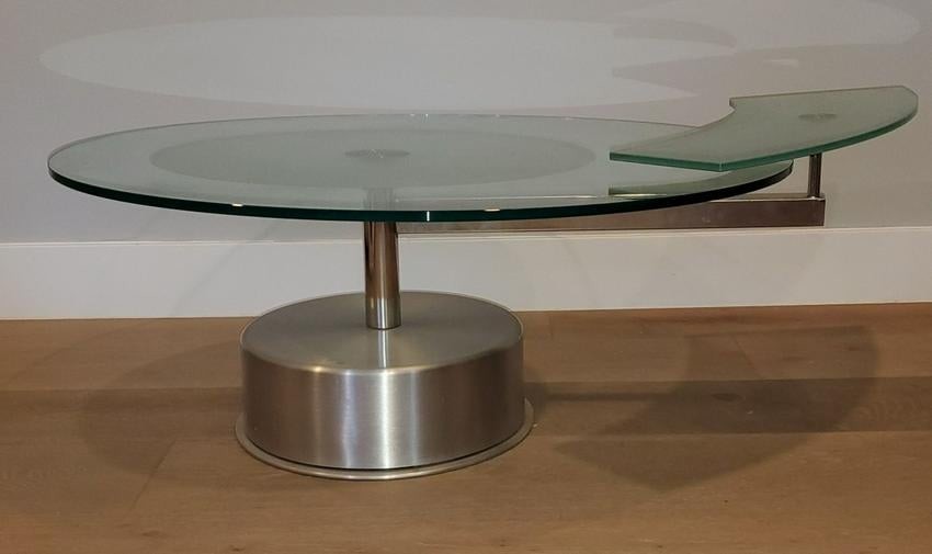 Chrome and Glass coffee Table with Revolving Side tray