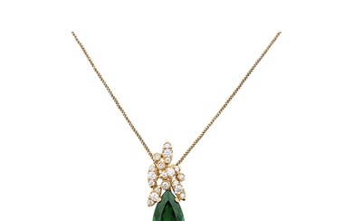 Circa 1980 A green tourmaline and diamond pendant The pear s...