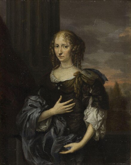 Circle of Johannes Vollevens the Elder, Dutch 1649-1728- Portrait of a lady, half-length, wearing a brown and white dress with blue cloak, standing in an interior, with an evening landscape beyond; oil on canvas, 32.7 x 26.1 cm. Provenance: with...