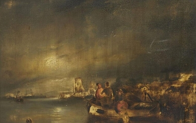 Circle of Petrus van Schendel, Dutch/Belgian 1806-1870- Nocturnal coastal scene with fishermen; oil on panel, 37 x 50 cm.