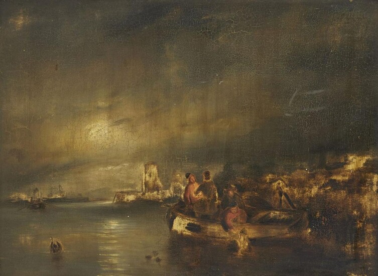 Circle of Petrus van Schendel, Dutch/Belgian 1806-1870- Nocturnal coastal scene with fishermen; oil on panel, 37 x 50 cm.