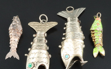 Collection of Articulated Fish Pendants Including Sterling and Enamel
