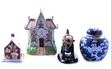 Collection of decorative ceramics including ginger jars and Coalport cottages